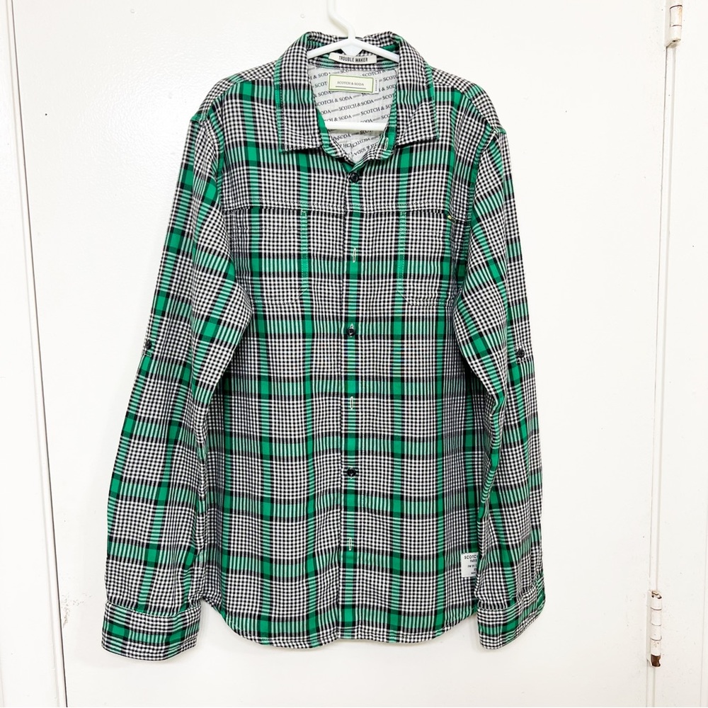 Daring Green Plaid Pattern Boys Flannel Shirt Size 12